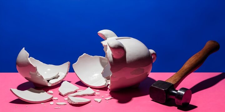 Broken piggy bank surrounded by shattered ceramic pieces and hammer, financial loss and inflation concept