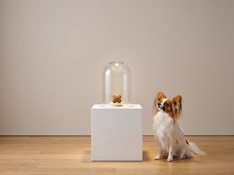 Papillon dog looking at a biscuit under a glass cloche on pedestal