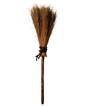Traditional hand broom made with natural straw fibers and wooden handle isolated on black background