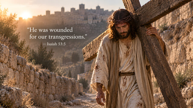 Jesus christ carrying the wooden cross towards jerusalem, biblical scene representing sacrifice and redemption