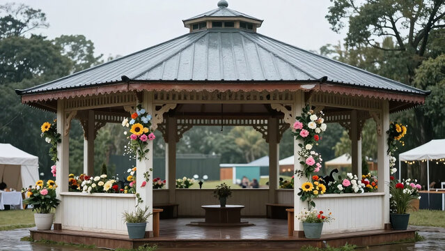 Decorated gazebo pavilion surrounded by vibrant flowers in a serene outdoor park setting