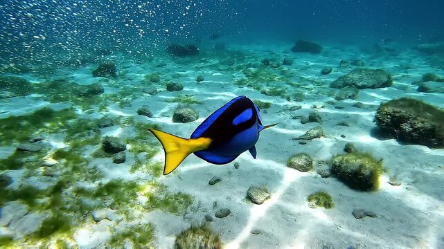 Blue Tang Fish Swimming Over Sandy Seabed in Tropical Ocean