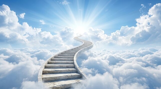 Stairway to heaven leading through clouds towards bright sun rays