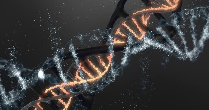 Abstract scientific concept of rotating DNA double helix with glowing orange mutation.