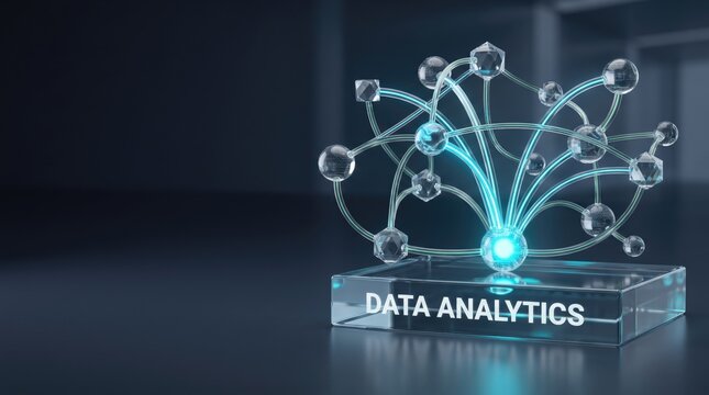 A glowing digital network visualization representing data analytics concepts on a dark background with professional abstract design elements