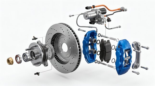 Car disc brake system exploded view with blue caliper, rotor, and hub