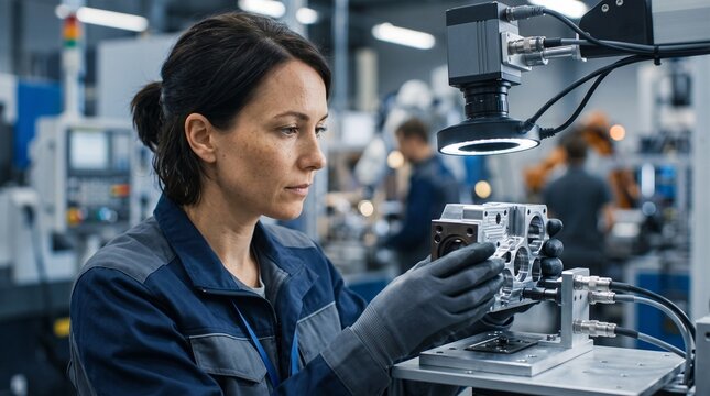 Female Engineer Inspecting Machined Metal Part Under Machine Vision Camera In Smart Factory