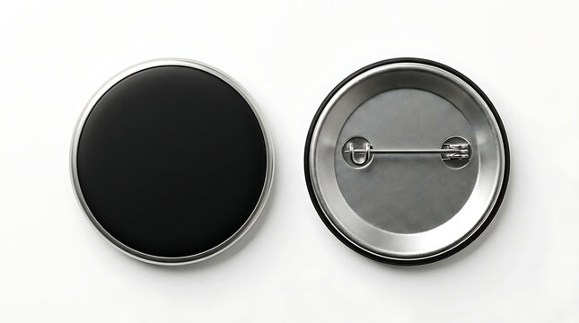Two blank black metal button badges on white background