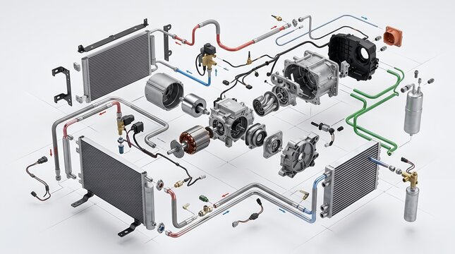 Technical exploded view of a complex vehicle climate control system components