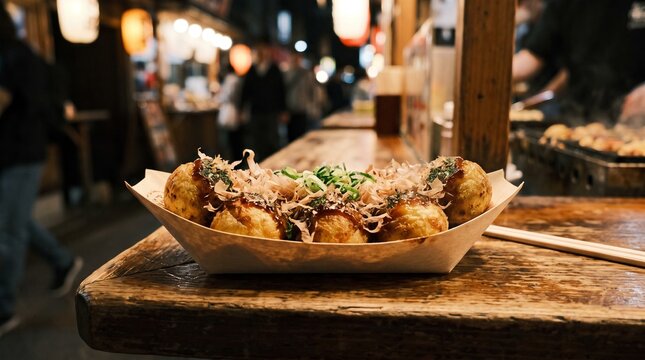 Japanese takoyaki served as a portable street-food snack in an unbranded tray, ideal for culinary tourism, hospitality campaigns, restaurant marketing, and food advertising.