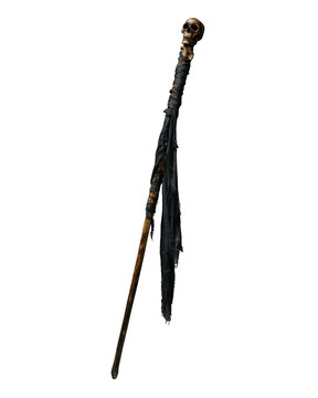 Old wooden staff with skull decoration and hanging black cloth strip in isolated view on background