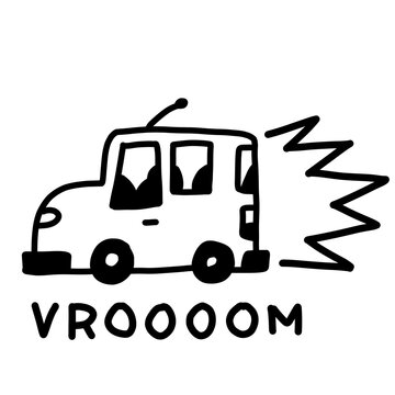 Doodle-style speeding van with VROOOOM sound effect, bold black line art