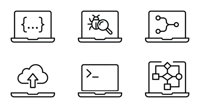 Technology Icons: Coding, Debugging, Network, Cloud Upload, Terminal, Algorithm Flowcharts