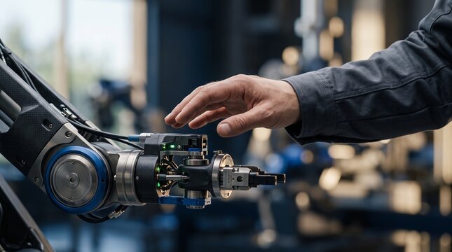 Close Up Of Human Hand Interacting With Collaborative Robot In Smart Factory