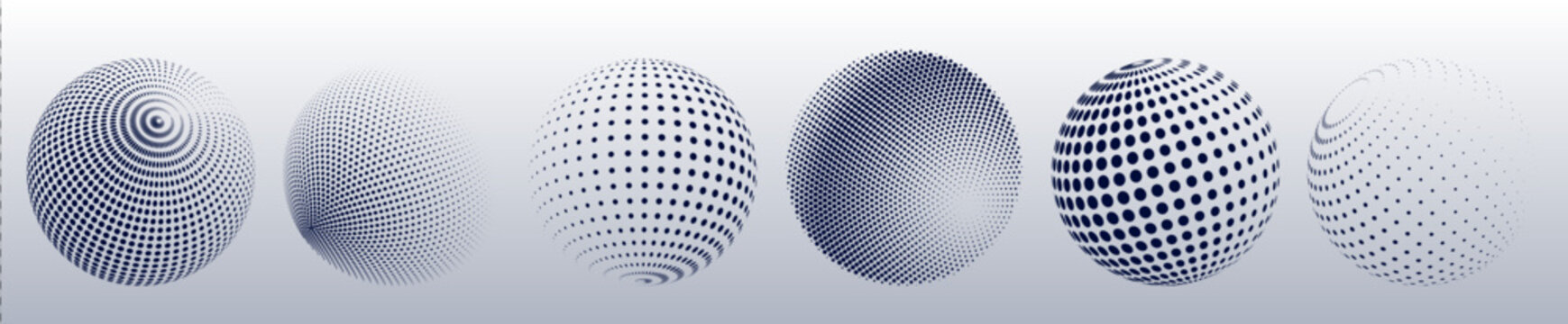 3D halftone globe shapes with interconnected network points, dots. Vector illustration of abstract planet visualization for data infographic, digital tech icon, futuristic global communication symbol