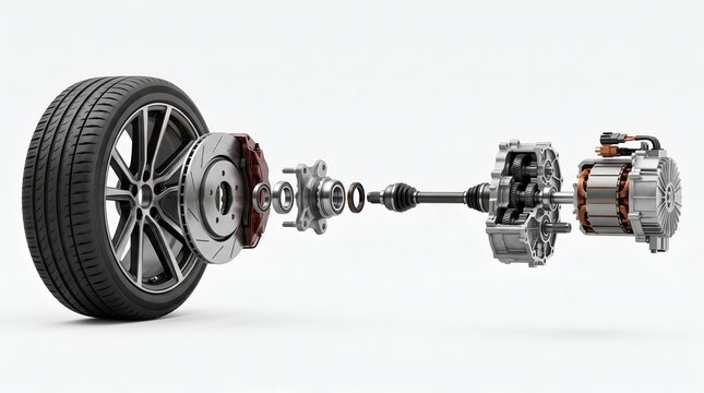 Exploded view of an electric car drivetrain assembly with wheel and motor