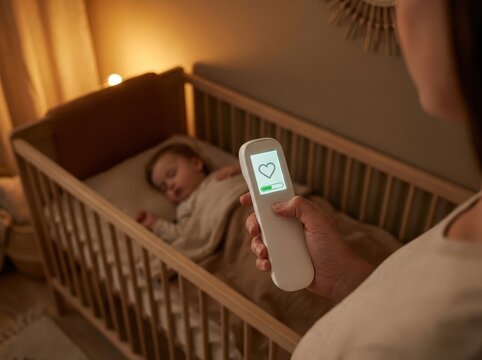 Parent monitoring sleeping infant enabling digital health workflow optimization via smart wearable vital tracker device.