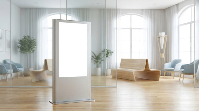Digital kiosk displaying white screen for corporate workflow optimization and secure mobile banking marketing campaigns.
