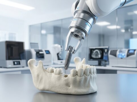 Robotic arm installing dental implant representing technological advancement in oral healthcare and surgical workflow optimization processes.