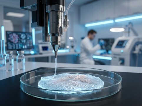 Robotic bioprinter extruding tissue sample for technological advancement in regenerative medicine and advanced clinical research.