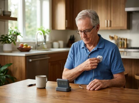 Senior man applying heart monitor device for remote telehealth patient care and chronic disease management.