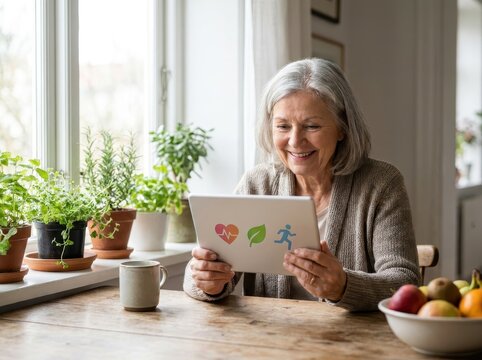 Senior woman using digital tablet for remote health monitoring, emphasizing technological advancement and telemedicine connectivity.
