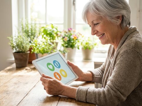 Senior woman using health tablet for proactive digital health optimization and personalized preventative care management strategy.