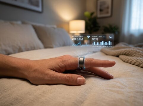 Smart ring tracking sleep biometrics enabling personal health optimization and advanced workflow efficiency analytics for professionals.
