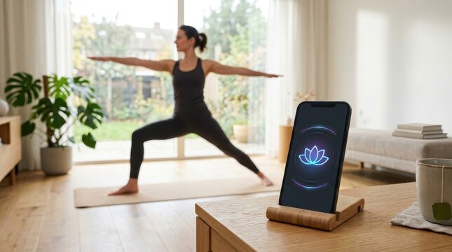 Woman practicing yoga utilizing digital wellness tracking for workflow optimization and improved mental balance at home.