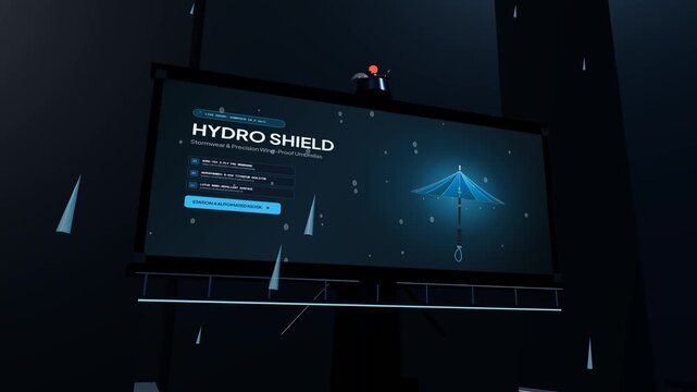 3D animation of a DOOH autonomous weather triggered digital billboard changing advertisement from umbrellas in the rain to sunglasses and cold brew coffee in sunny weather