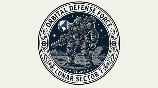 Orbital Defense Force Lunar Sector 7 futuristic military mech emblem.