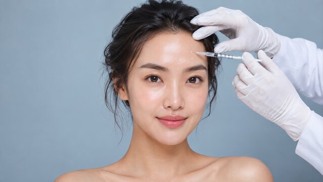 young asian woman receiving a cosmetic injection in the forehead from a medical professional wearing white gloves against a light blue background