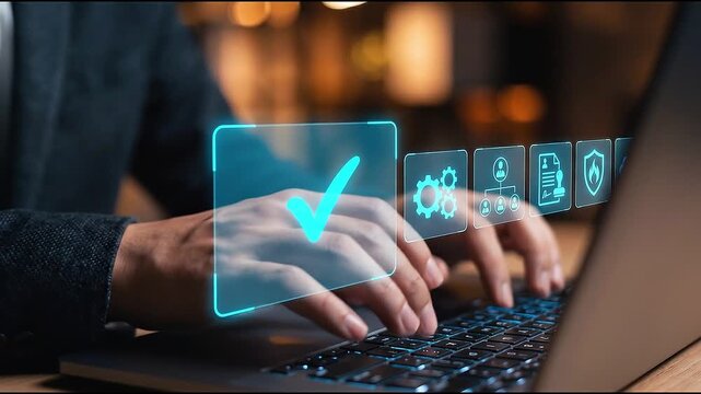 Corporate Professional Typing On Laptop Verifying Digital Security Shield And Quality Assurance Checkmark Hologram For System Compliance Regulatory Standards And Data Protection Audit