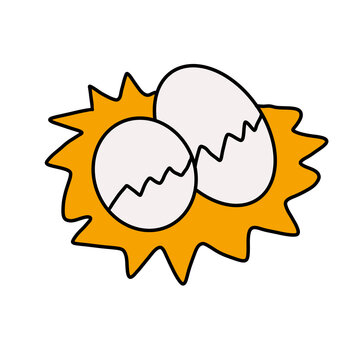 Two cracked eggs cartoon illustration with yellow splash isolated on transparent background