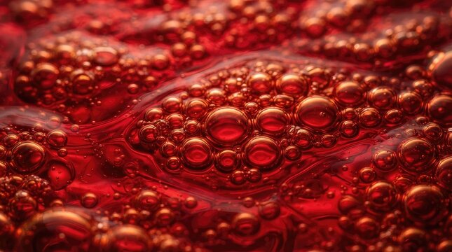 Closeup of vibrant red liquid surface with numerous bubbles and foam, creating a textured abstract background with deep crimson tones and light reflections world science day