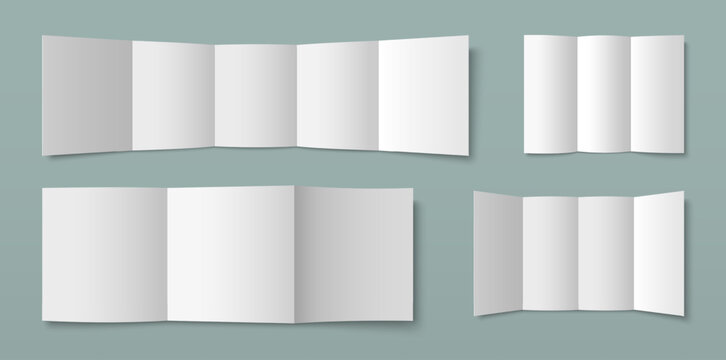 Folded leaflet mockup set with blank white three, four and five pages. Vector realistic illustration of modern paper brochure template isolated on background, 3d empty invitation or greeting cards