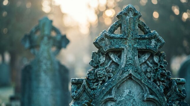 close up ornate tombstones representing the saints and martyrs with copy space for all saints' day background, selective focus