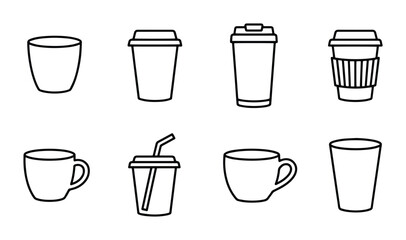 Obraz premium Coffee Cup Icons Set, Beverage Drinkware Vector Graphics, Hot Cold Drink Containers Collection