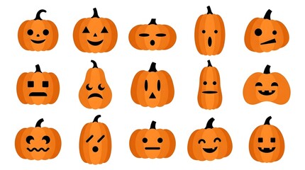 Obraz premium Set of fifteen cute orange pumpkin characters with various funny facial expressions for halloween holiday celebration design elements