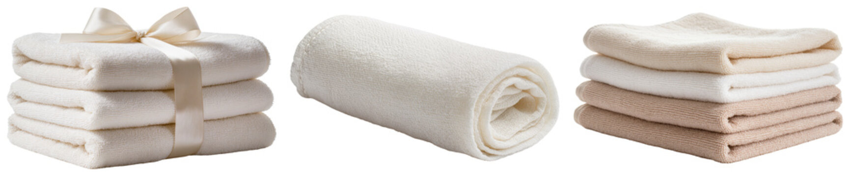 Three different stacks of soft, fluffy towels isolated on a transparent background