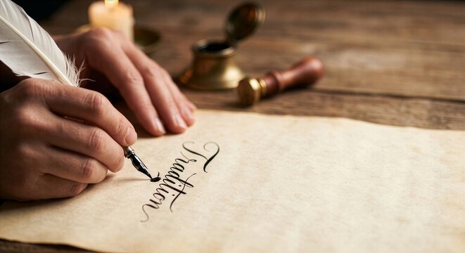 Calligrapher's Hands Writing with Quill &ndash; Traditional Art Close‑Up