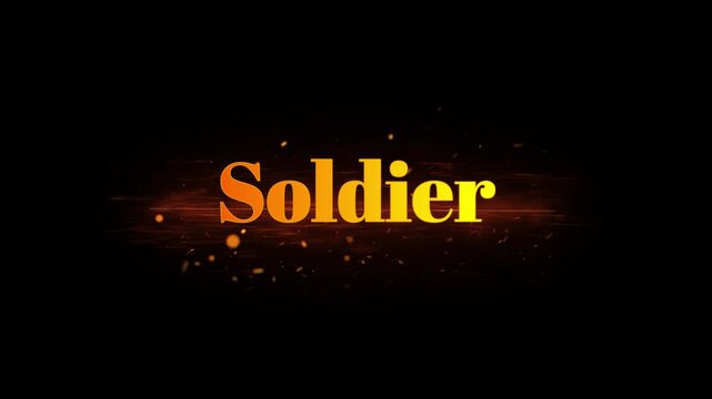 The word soldier appearing with a fiery mushroom cloud explosion and glowing light effects on a dark black background with center screen accompanied