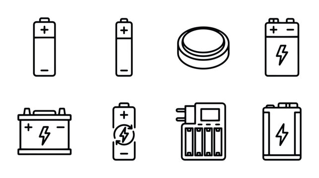 Battery Icons Set: Energy Storage, Power Sources, Rechargeable, AA, AAA, Button, Car