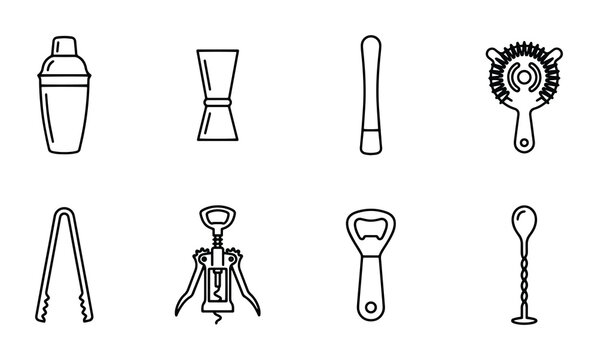 Bar Tools Icons Set: Cocktail Shaker, Jigger, Muddler, Strainer, Tongs, Corkscrew, Bottle Opener, Bar Spoon