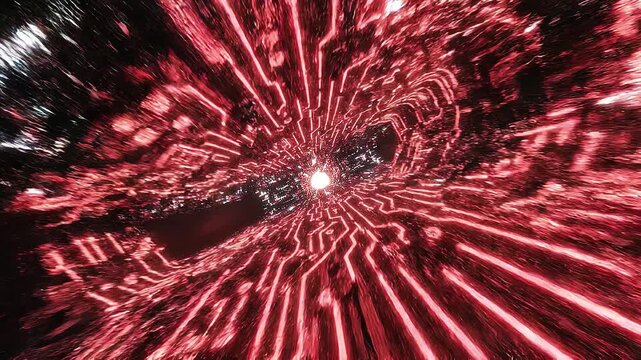 Futuristic Neural Network Circuitry Pulsing in Virtual Reality Cyber Tunnel, 3D Motion Graphic