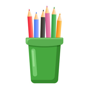 Pencil in cup icon in flat style. Drawing tool in container vector illustration on isolated background. Stationery sign business concept.