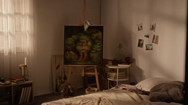 Oil canvas artwork standing on wooden easel in creative studio workshop. Visual asset ideal for fine arts marketing, documentary storytelling, art education, and online painting masterclasses