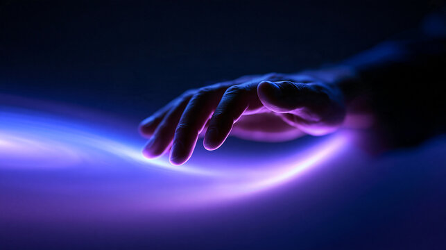 Human Hand Touching Glowing Digital Light Stream