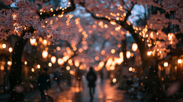 Cherry Blossoms Blooming on Illuminated Street at Night