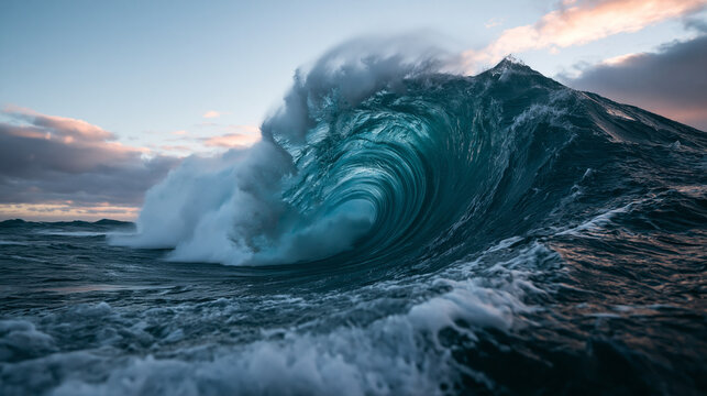 Powerful Ocean Wave Curling and Breaking at Sea